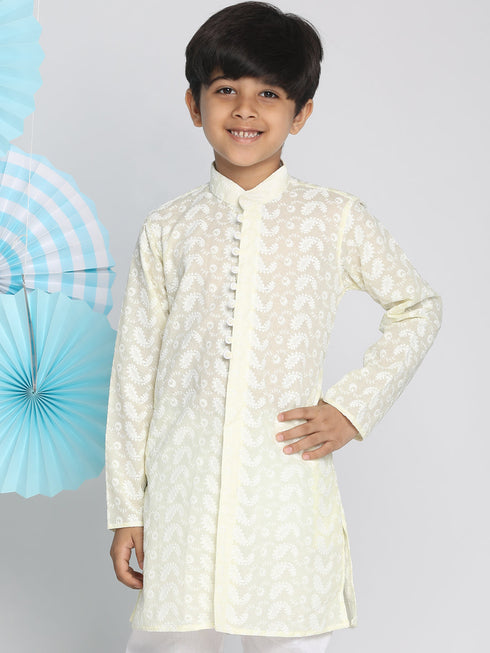 Vastramay Yellow Pure Cotton Chikankari Kurta Baap Beta Set